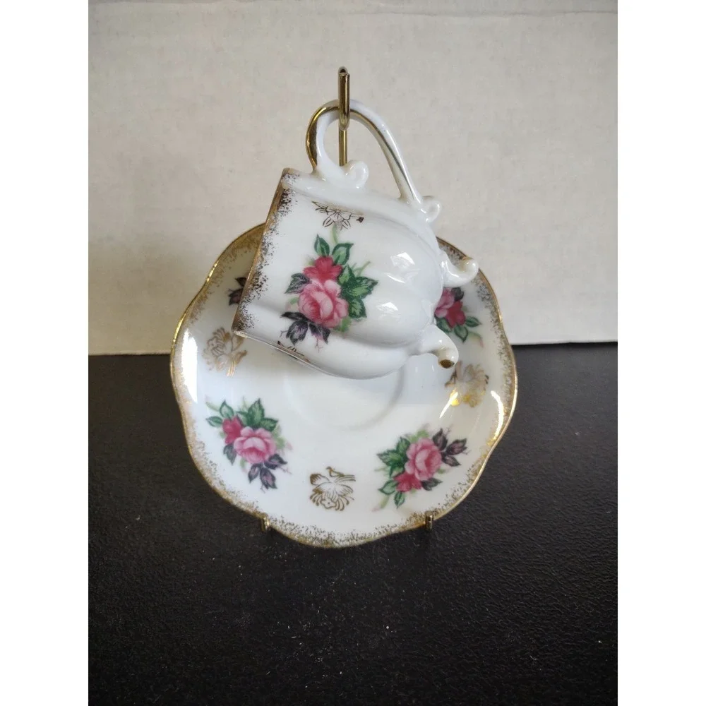 Vtg Lefton Hand Painted Footed Tea Cup & Saucer Pink Roses